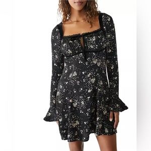 NWT Free People Tess Mini Dress Black and White Long Sleeve Small velvet trim